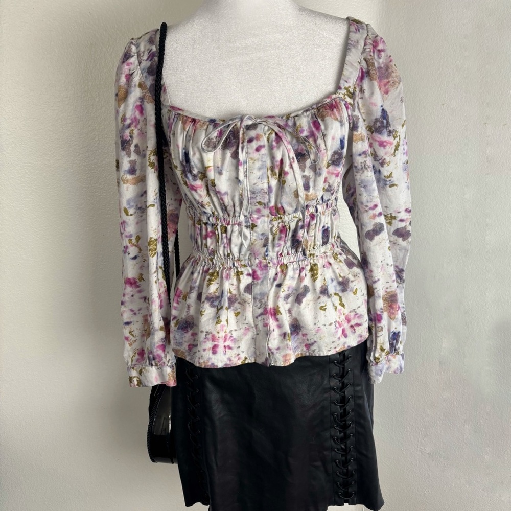 J.Crew Floral Smocked Peplum Blouse Tie Neck Top Size 4